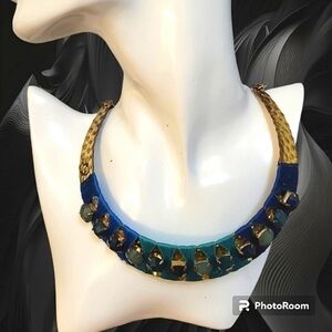 BRASS Thread Wrapped Rhinestone Cleopatra Baddie Bib Collar Necklace